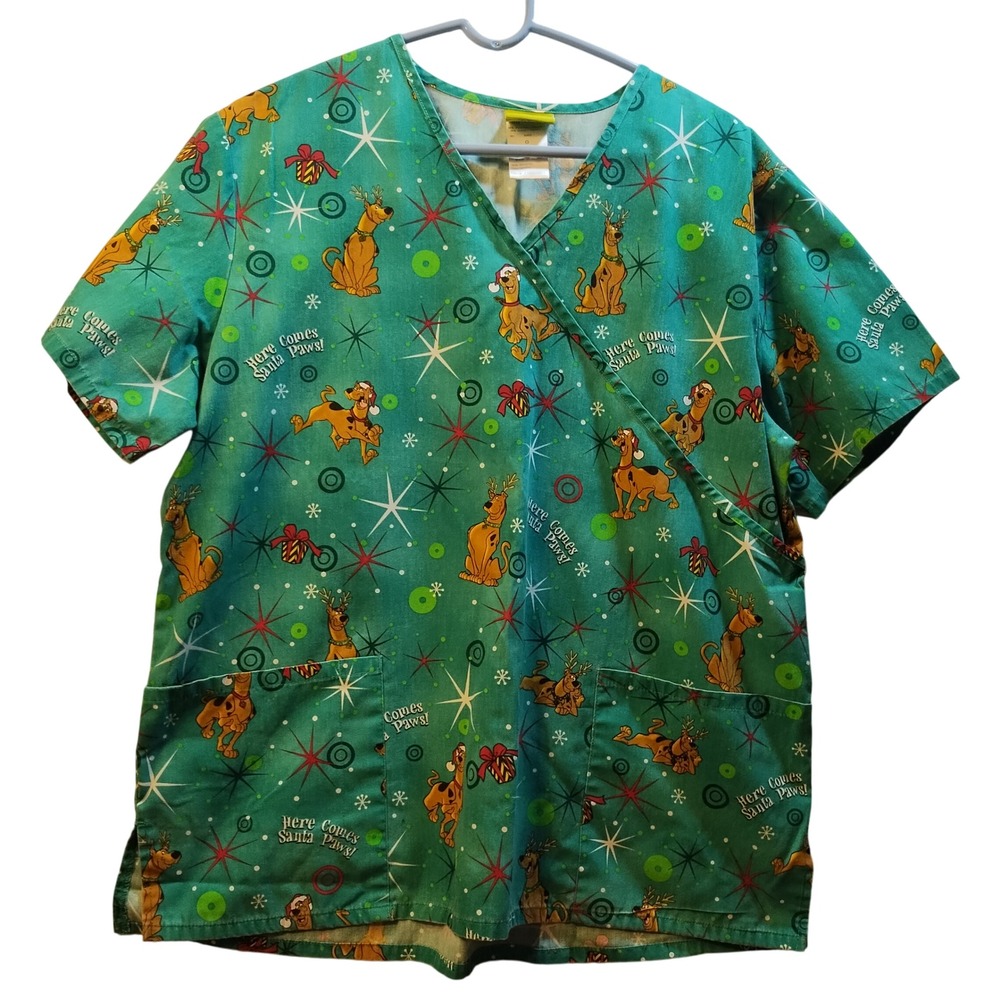 Scooby Doo Christmas‎ Scrub Top Women's Size L Green Santa Paws Print V-Neck